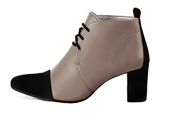Matt black and bronze beige women's ankle boots with laces at the front. Round toe. Medium block heels. Profile view - Florence KOOIJMAN